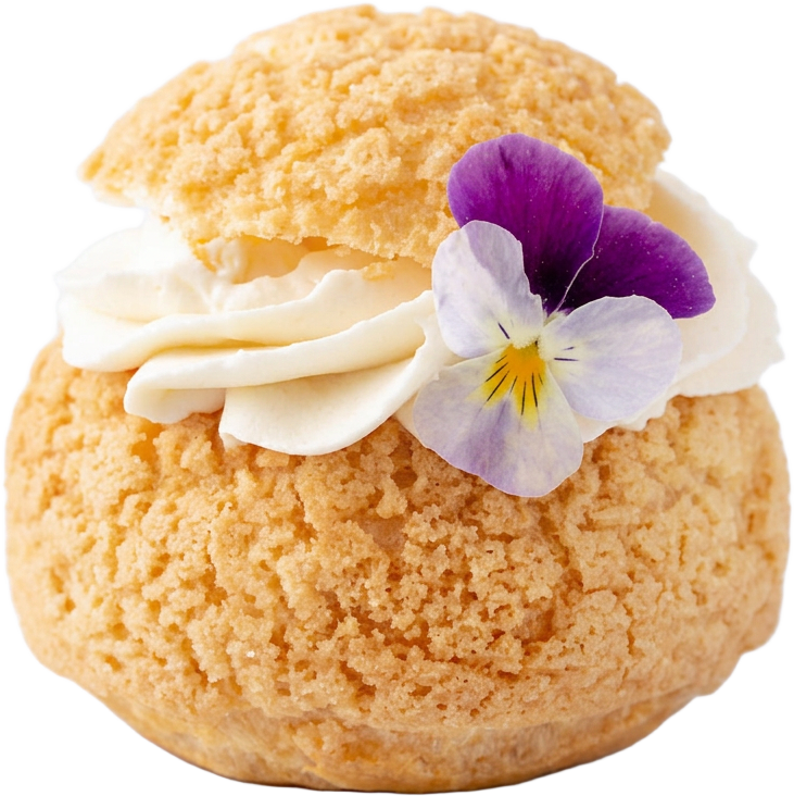 A finished Su Maison choux au craquelin cream puff