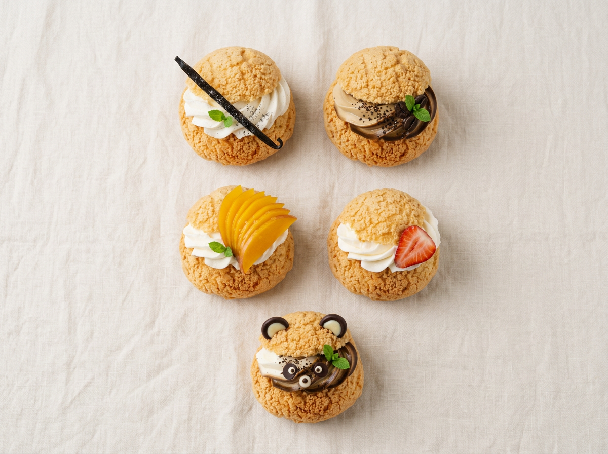 Cream puffs arranged on a linen surface