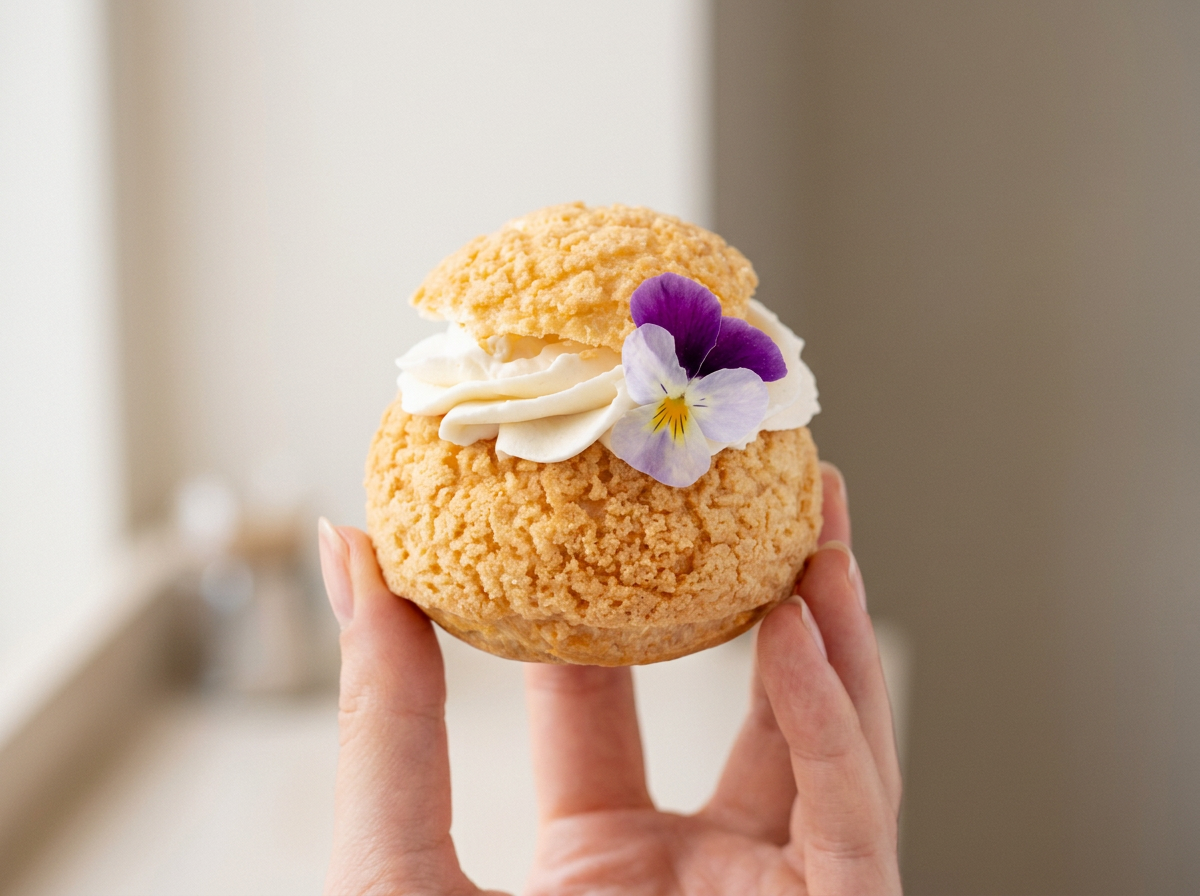 A Su Maison cream puff held in a hand